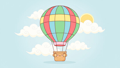 Obraz premium A colorful hot air balloon floats in a clear sky, surrounded by fluffy clouds and a bright sun, exuding a whimsical and playful atmosphere.