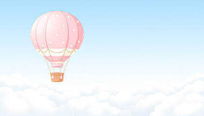 Fototapeta premium A whimsical pink hot air balloon floats above soft clouds against a serene blue sky, evoking a sense of adventure and tranquility.