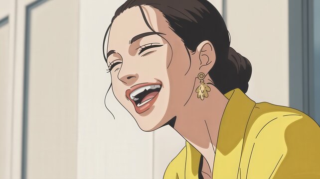 Animated Woman Laughing Joyfully with Open Mouth and Closed Eyes.
