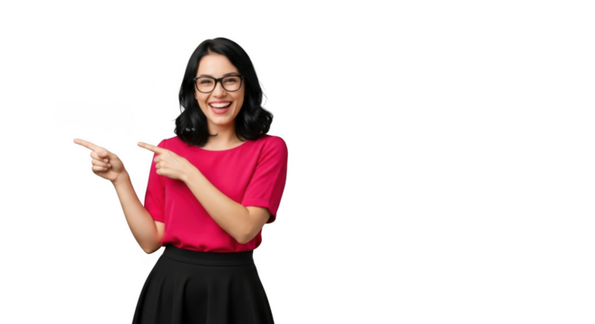 A young woman wearing glasses and a bright pink shirt points to the side with a smile isolated on transparent background - Powered by Adobe