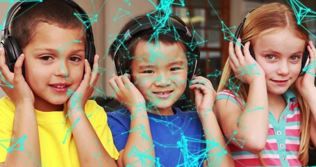Listening three children wearing black over-ear headphones in classroom, with digital network grid