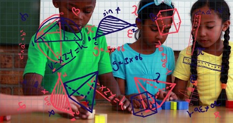Children solving math by arranging wooden cubes on table in classroom, with grid diagrams