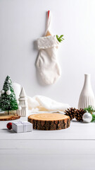podium from wood with christmas decoration room product display vertical