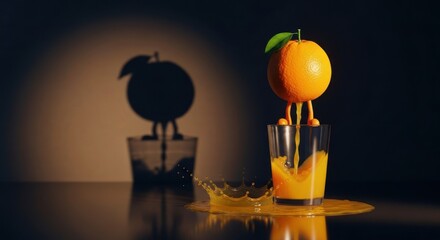 Orange slice suspended in a glass of fresh orange juice casting a dramatic shadow