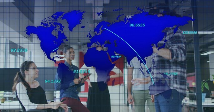 Reviewing global data five colleagues holding smartphones tablet in office, with world map overlay - Powered by Adobe