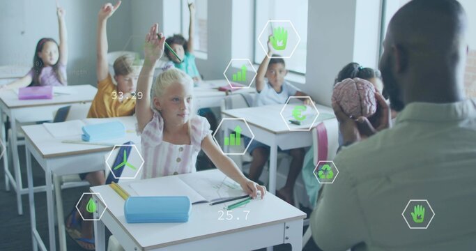 Holding brain model, teacher teaching class in classroom with desks, pencils, analytics, copy space - Powered by Adobe