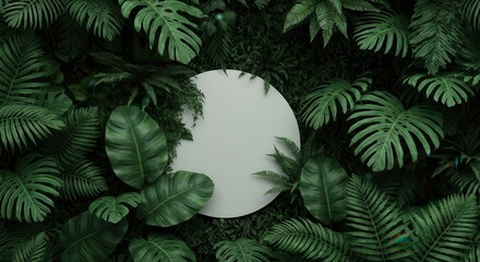 Lush green tropical leaves frame empty circular podium natural organic beauty product display background