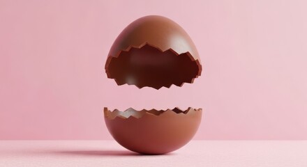 Delicious cracked chocolate easter egg with rich dark chocolate filling against a soft pink backdrop