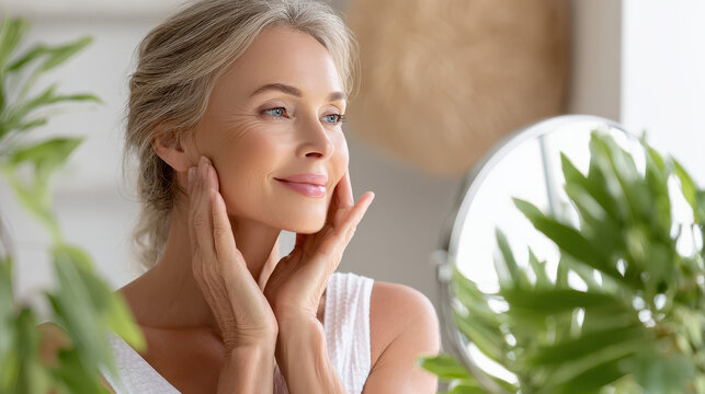 Mature woman applying skincare in a bright, green-filled room, reflecting a sense of self-care and beauty routine