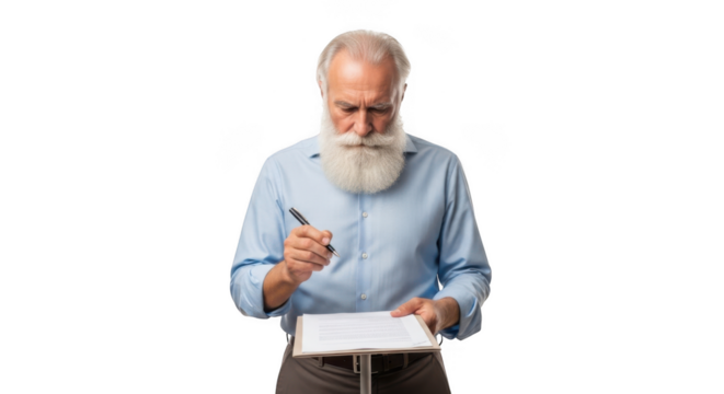 Elderly gentleman with a long white beard wearing a blue shirt and holding a pen and paper isolated on transparent background
