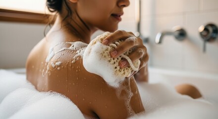 Close-up of a Woman Washing with a Loofah in a Bathtub. Intimate Self-Care Scene in a Bubble Bath. Relaxing Bath Time with Foamy Bubbles and a Loofah.