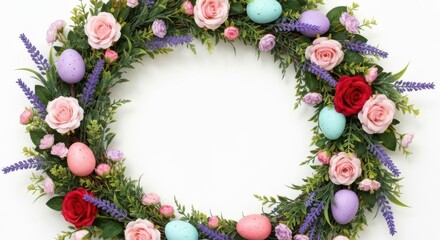 Festive easter wreath with pastel eggs and delicate spring flowers creating a beautiful holiday decoration