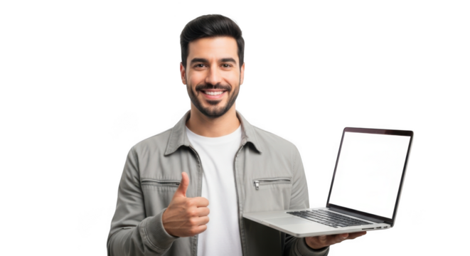 A smiling man with a beard wearing a grey shirt holds a laptop and gives a thumbs up gesture isolated on transparent background