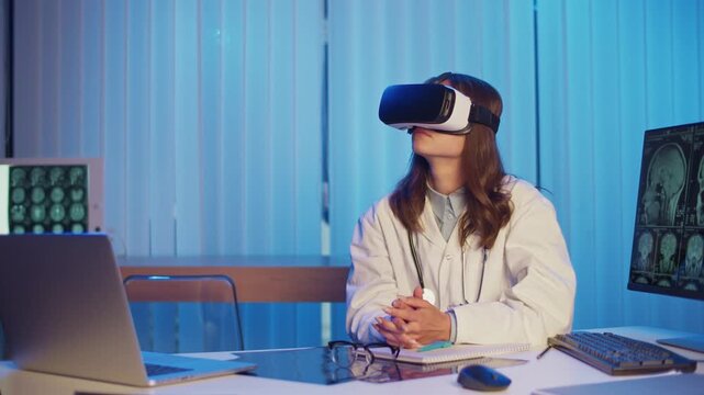 Medical Professional in White Coat With Stethoscope Interacting With Augmented Reality Brain Models. Concept of AR Diagnostics, Advanced Patient Care, and Innovative Medical Technology.