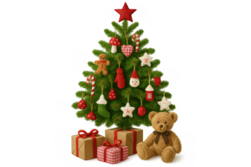 Christmas tree with felt ornaments and teddy bear, bringing holiday cheer and gifting presents, isolated on transparent background