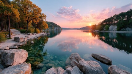 Dramatic Sunset Over Calm Lake With Rocky Shoreline and Forested Hills Illuminated by Golden Hour Light Reflecting on Water