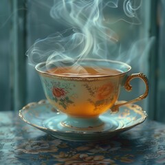 A cup of tea on the table.