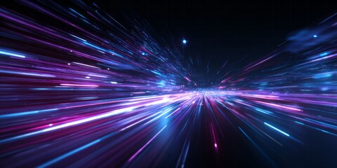Fototapeta premium Brilliant streaks of magenta and cyan light move rapidly toward a central vanishing point in deep space