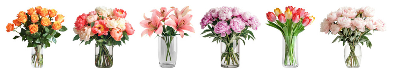 Fototapeta premium PNG Vibrant floral bouquet arrangements, element set on transparent background