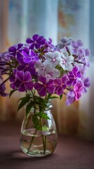 Delicate purple and white phlox flowers bloom vibrantly in a clear glass jar, creating a soft and elegant floral arrangement against a blurred background of warm, muted tones.