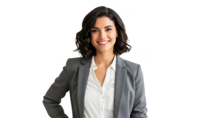 Professional businesswoman smiling confidently wearing a gray suit jacket and white blouse isolated on transparent background