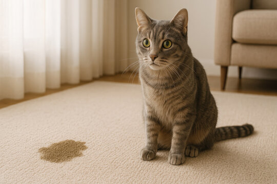 Guilty looking domestic tabby cat sitting on home carpet next to wet stain. naughty feline pet created bad mess, common household accident in clean interior