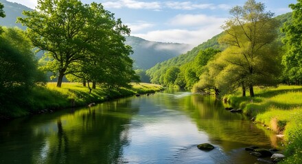Obraz premium Lush Green River Valley Mountains Stream Flowing Forest Landscape Serene Nature Environment Sunny Day Outdoors Clear Water Reflection