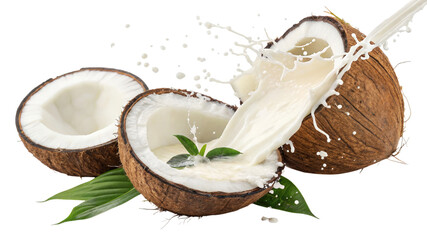 Coconut halves with milk splash isolated on transparent background, healthy ingredient