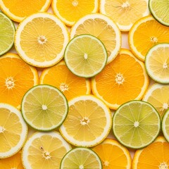 Fototapeta premium A dense, overlapping pattern of various citrus fruit slices, creating a full background. Features bright slices of orange, lemon, and lime. The color scheme is a vibrant mix of sunny yellow, bright gr