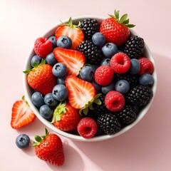 Obraz premium A white bowl filled with a rich and textural mix of various fresh berries. The composition includes strawberries, blueberries, raspberries, and blackberries. A soft pink background and natural lightin