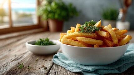 Delicious Golden French Fries with Fresh Parsley Garnish in a White Bowl on a Rustic Wooden Table Next to a Small Bowl of Herbs with Soft Natural Light Illuminating the Scene