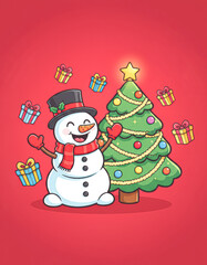 A cheerful cartoon snowman stands beside a decorated Christmas tree, surrounded by colorful gifts, celebrating the festive season.