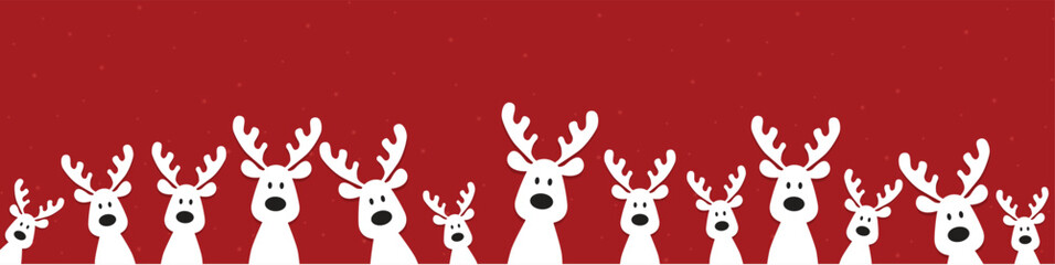 Cute Christmas reindeer on a red background. Christmas background, banner, or card. Merry Christmas text.