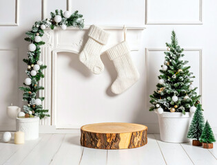 podium from wood with christmas decoration room 