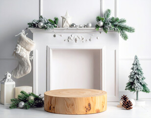 podium from wood with christmas decoration room 