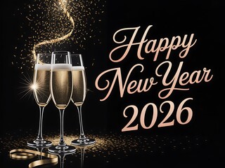 Champagne glasses and sparkling gold confetti for new year 2026