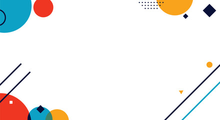 Abstract Geometric Background Border Design with Copy Space. Modern colorful shapes (circles, lines, squares) in Memphis style pattern on white.