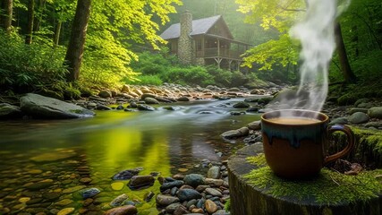 Steaming cup of coffee by a serene forest stream and cabin