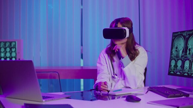 Medical Professional in Neon Light Environment Wearing AR Headset for Brain Research. Concept of Futuristic Healthcare, Neuroscience Innovation, and Immersive Augmented Reality Diagnostics.
