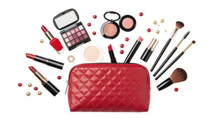 Makeup bag with cosmetics and brushes isolated on transparent background
