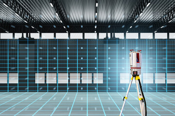 3D laser scanning captures the structure of an industrial hall, using surveying equipment for precise measurement, digital modeling, and construction planning.