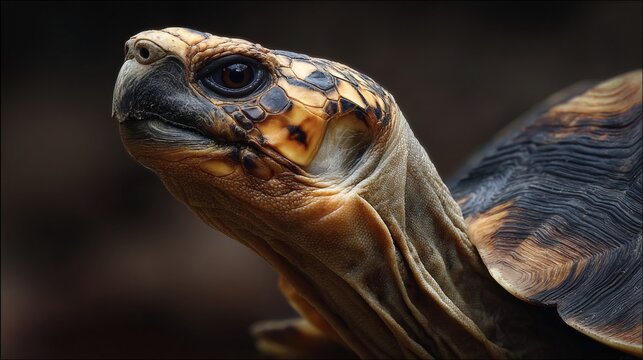 Majestic sea turtle portrait with intricate shell patterns, revealing ancient wisdom and resilience through detailed close-up of weathered skin and penetrating gaze against dark background