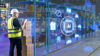 Smart logistics worker manages warehouse operations with AI technology, using digital tools for...