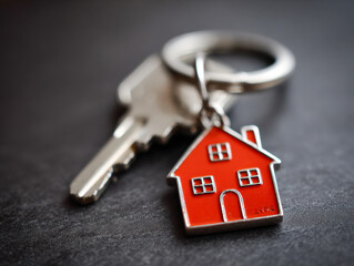 Silver house key attached to a red house-shaped keychain lying on a dark textured surface symbolizing home ownership and real estate concepts