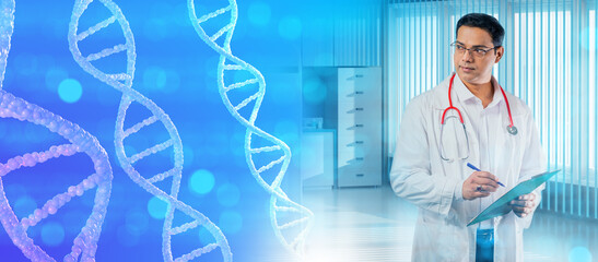 Genetics doctor reviews medical notes in modern clinic, focusing on DNA research, personalized...