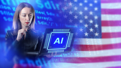 Artificial intelligence specialist works with laptop in front of US flag, highlighting innovation, programming, and development of modern digital technologies.