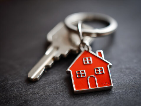 Silver house key attached to a red house-shaped keychain lying on a dark textured surface symbolizing home ownership and real estate concepts