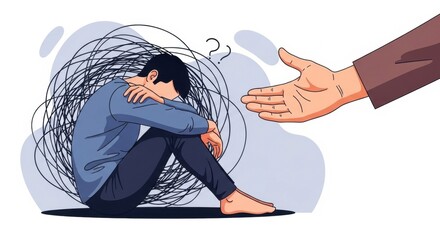 Stressed person overwhelmed by anxiety and seeking help, a supportive hand reaching out for mental health support
