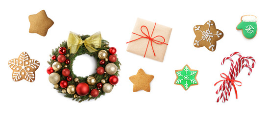 Christmas wreath, candy canes, cookies and gift box isolated on white, set