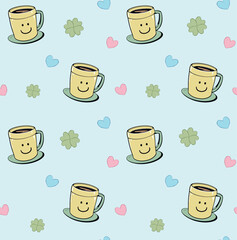 seamless pattern with mug and hearts on blue background cute cartoon character, happy tea cups with funny faces flat vector. Seamless pattern with cute smiling mugs.Child drawing style. Coffee cups